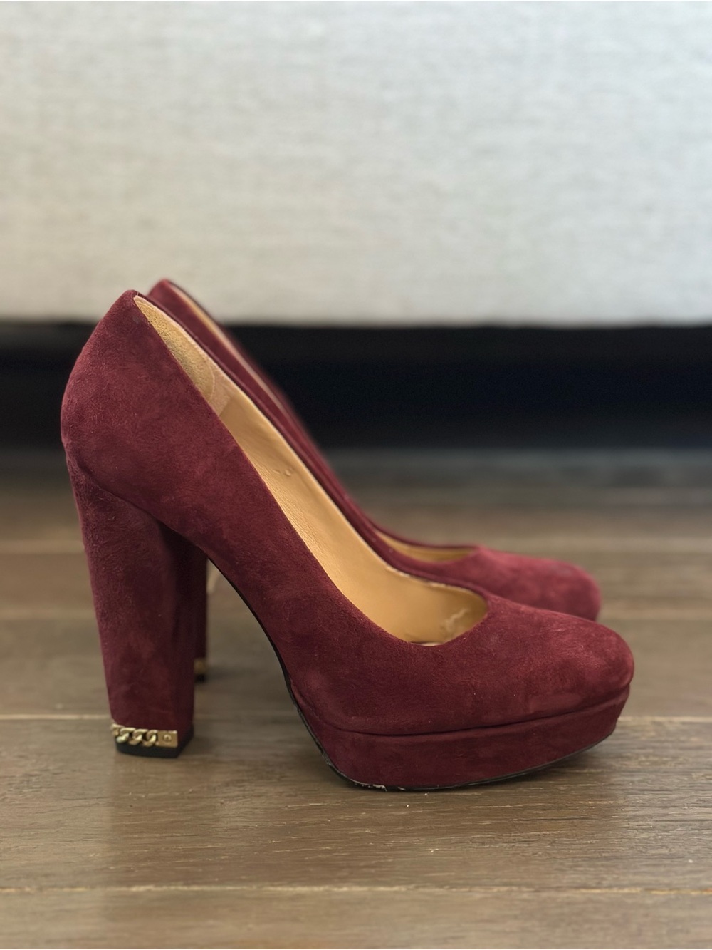 MICHAEL Michael Kors Burgundy Suede Platform Pumps with Gold Accent